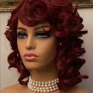 RED LOOSE CURLY WIG WITH BANGS TRENDY HEST RESISTANT HAIR